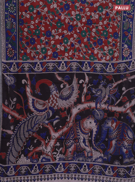 Kalamkari cotton saree maroon and blue with allover prints and printed border