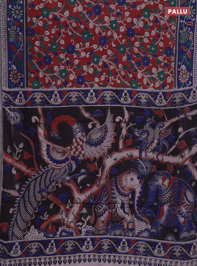 Kalamkari cotton saree maroon and blue with allover prints and printed border