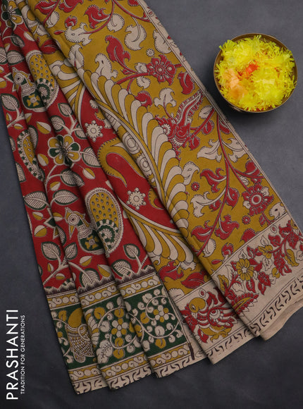 Kalamkari cotton saree red and green with allover prints and printed border
