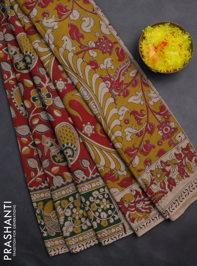 Kalamkari cotton saree red and green with allover prints and printed border