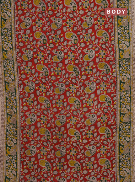 Kalamkari cotton saree red and green with allover prints and printed border