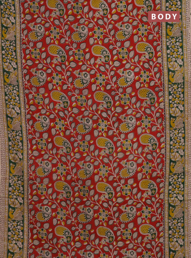 Kalamkari cotton saree red and green with allover prints and printed border