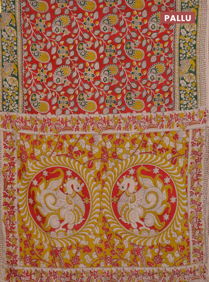 Kalamkari cotton saree red and green with allover prints and printed border