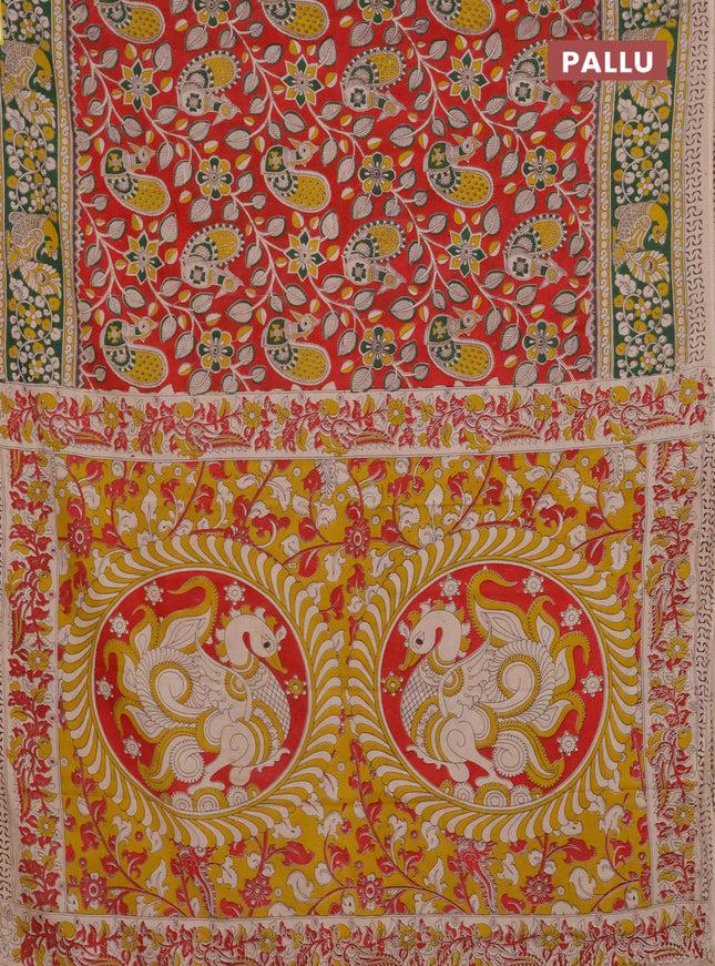 Kalamkari cotton saree red and green with allover prints and printed border
