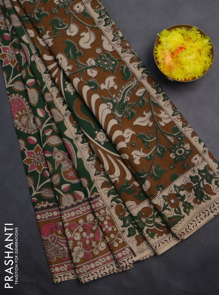 Kalamkari cotton saree green and dark mustard with allover prints and printed border