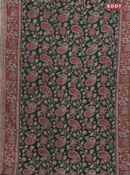 Kalamkari cotton saree green and dark mustard with allover prints and printed border