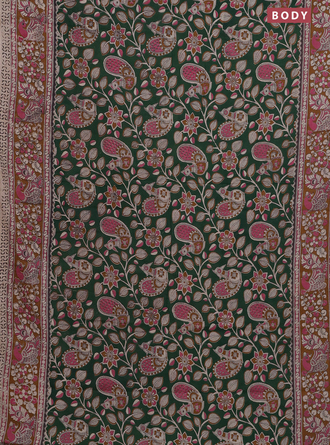Kalamkari cotton saree green and dark mustard with allover prints and printed border