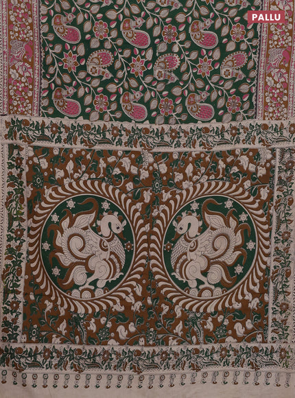 Kalamkari cotton saree green and dark mustard with allover prints and printed border
