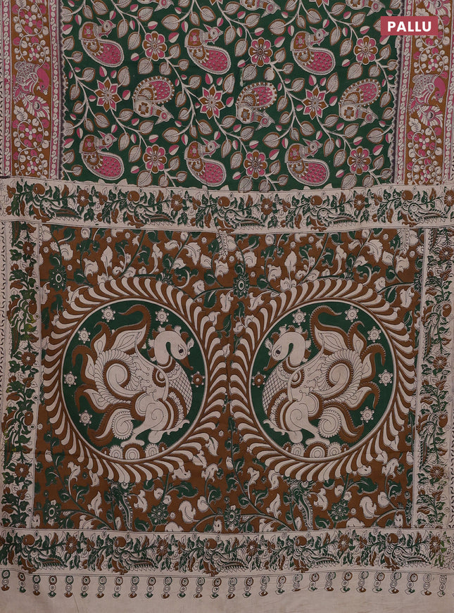 Kalamkari cotton saree green and dark mustard with allover prints and printed border