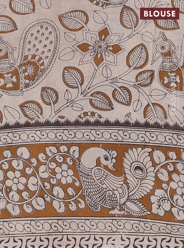 Kalamkari cotton saree green and dark mustard with allover prints and printed border