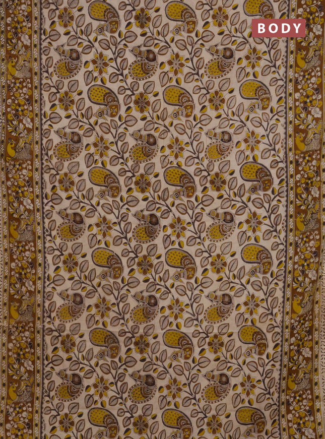 Kalamkari cotton saree cream and dark mustard with allover prints and printed border