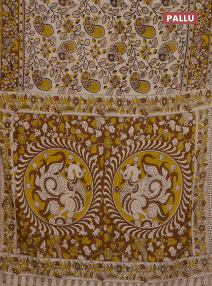 Kalamkari cotton saree cream and dark mustard with allover prints and printed border