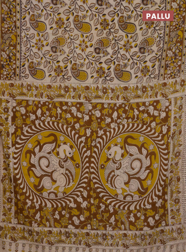 Kalamkari cotton saree cream and dark mustard with allover prints and printed border