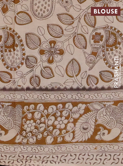 Kalamkari cotton saree cream and dark mustard with allover prints and printed border