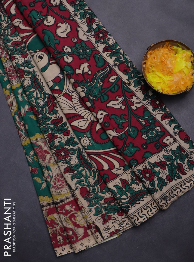 Kalamkari cotton saree green and maroon with allover prints and printed border