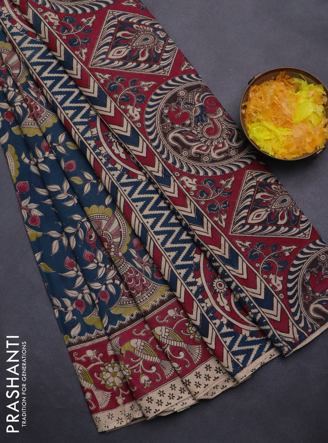 Kalamkari cotton saree peacock green and maroon with allover prints and printed border