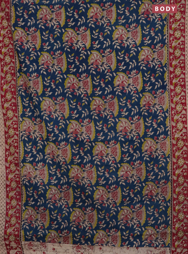 Kalamkari cotton saree peacock green and maroon with allover prints and printed border
