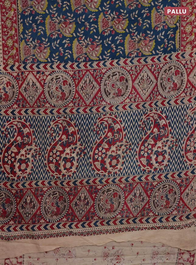 Kalamkari cotton saree peacock green and maroon with allover prints and printed border