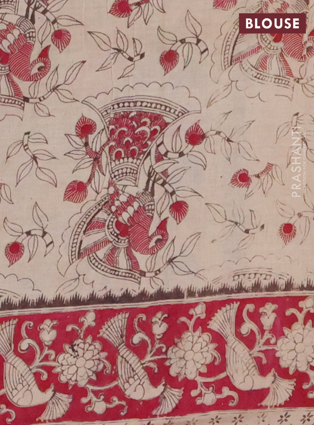 Kalamkari cotton saree peacock green and maroon with allover prints and printed border