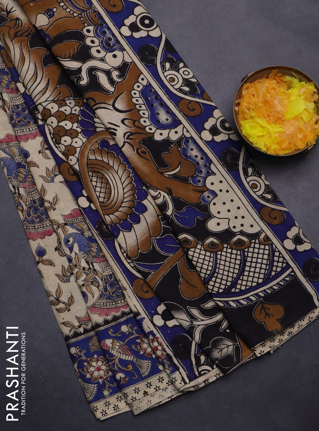 Kalamkari cotton saree cream and blue with allover prints and printed border