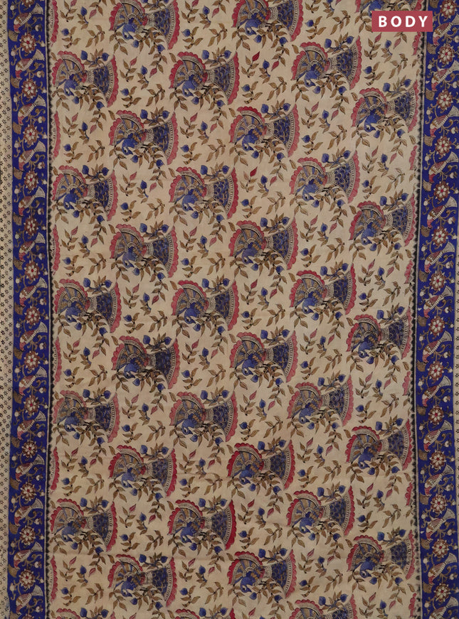 Kalamkari cotton saree cream and blue with allover prints and printed border