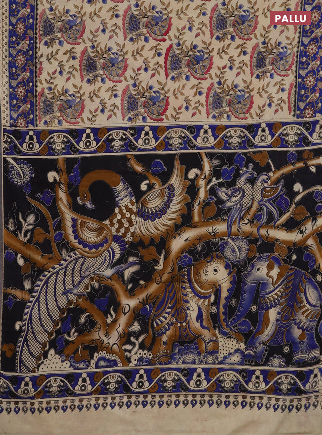 Kalamkari cotton saree cream and blue with allover prints and printed border