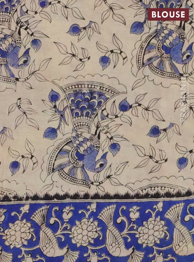 Kalamkari cotton saree cream and blue with allover prints and printed border