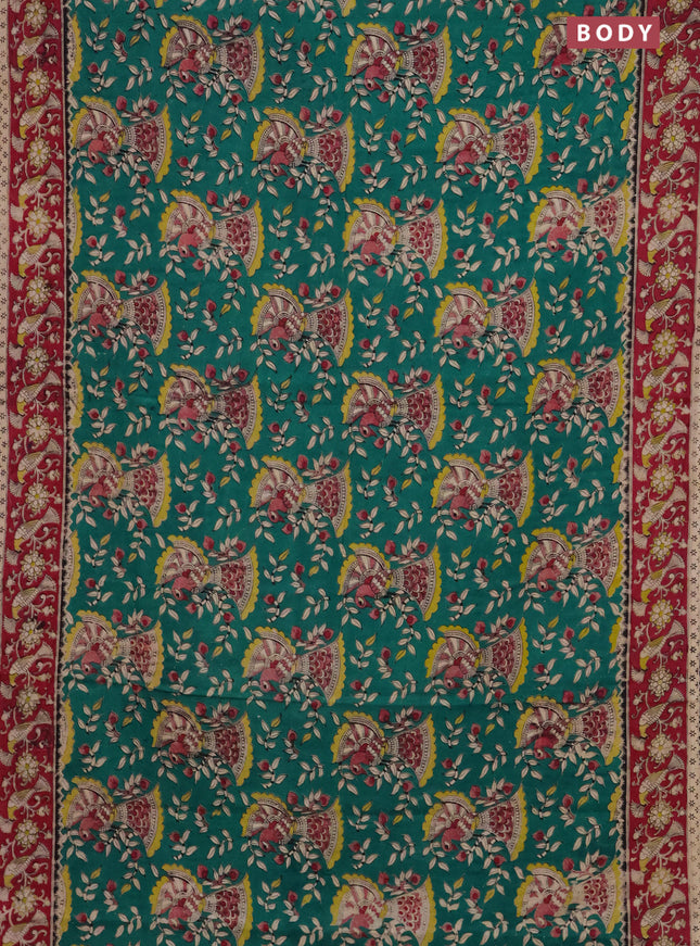 Kalamkari cotton saree green and maroon with allover prints and printed border