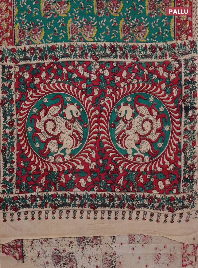 Kalamkari cotton saree green and maroon with allover prints and printed border