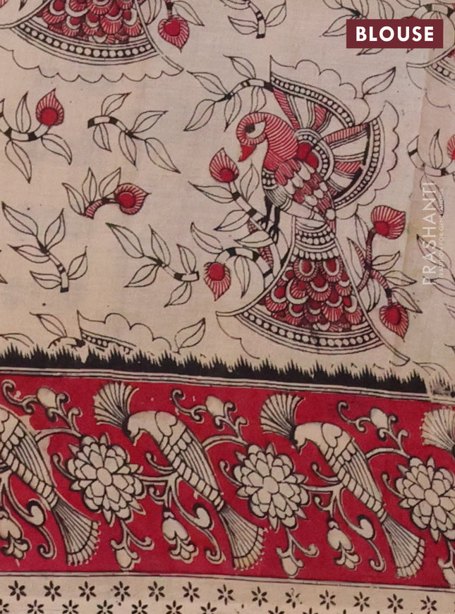 Kalamkari cotton saree green and maroon with allover prints and printed border