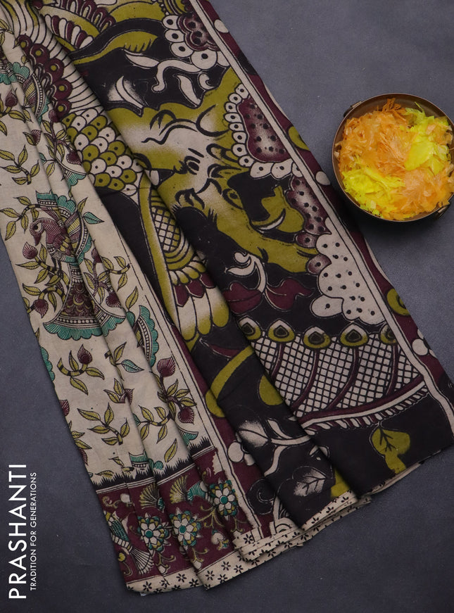 Kalamkari cotton saree beige and wine shade with allover prints and printed border
