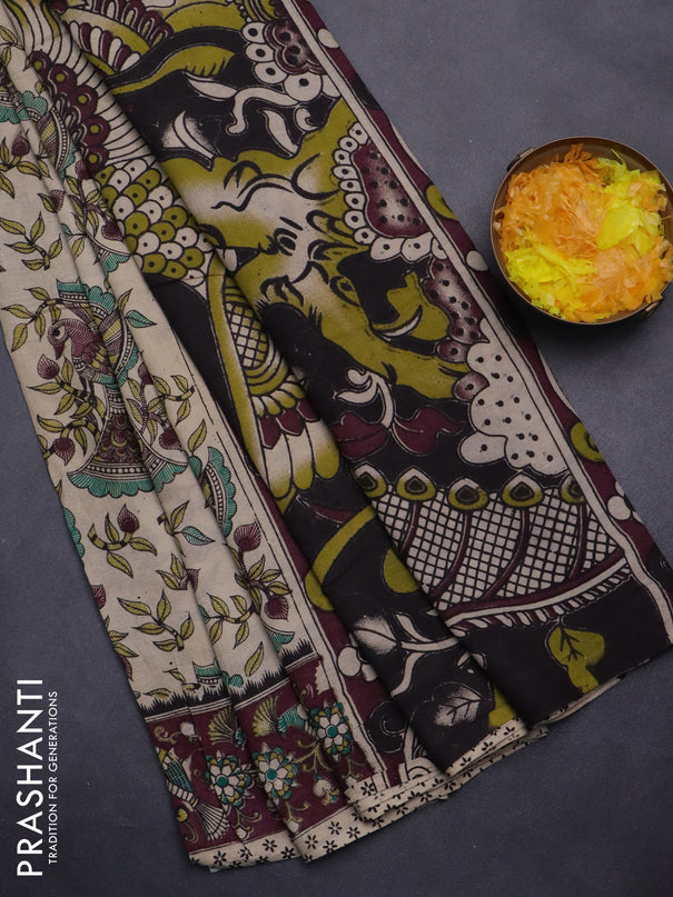 Kalamkari cotton saree beige and wine shade with allover prints and printed border