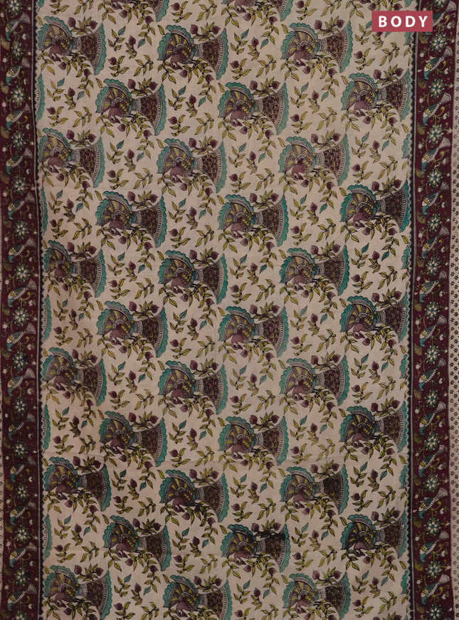 Kalamkari cotton saree beige and wine shade with allover prints and printed border