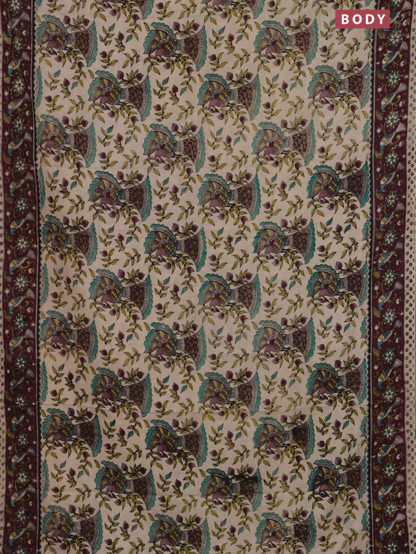 Kalamkari cotton saree beige and wine shade with allover prints and printed border