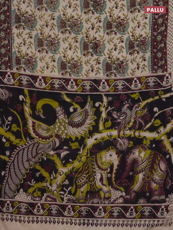 Kalamkari cotton saree beige and wine shade with allover prints and printed border