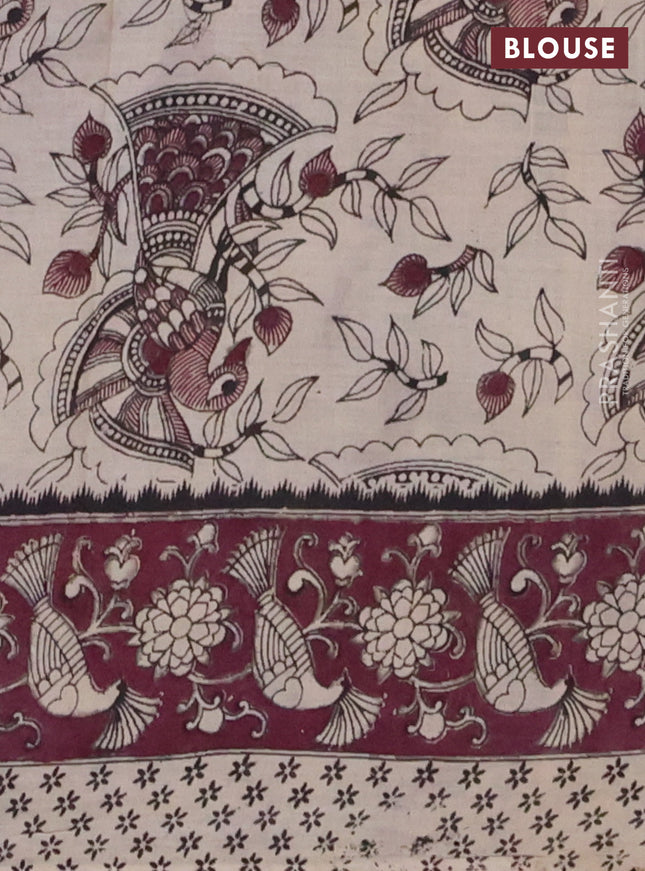 Kalamkari cotton saree beige and wine shade with allover prints and printed border
