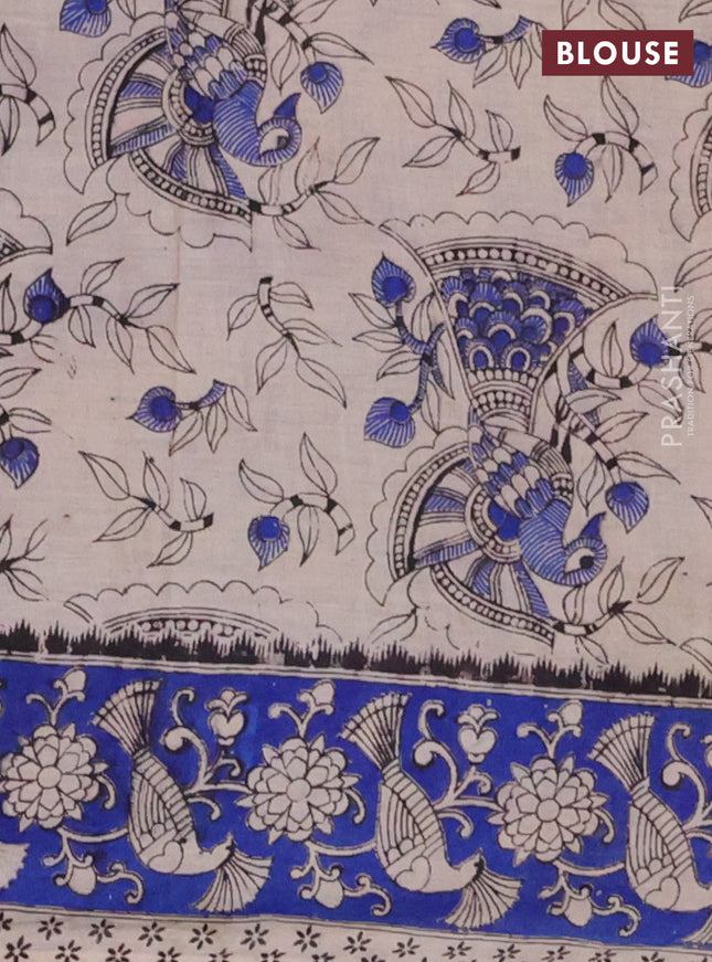 Kalamkari cotton saree dark mustard and blue with allover prints and printed border