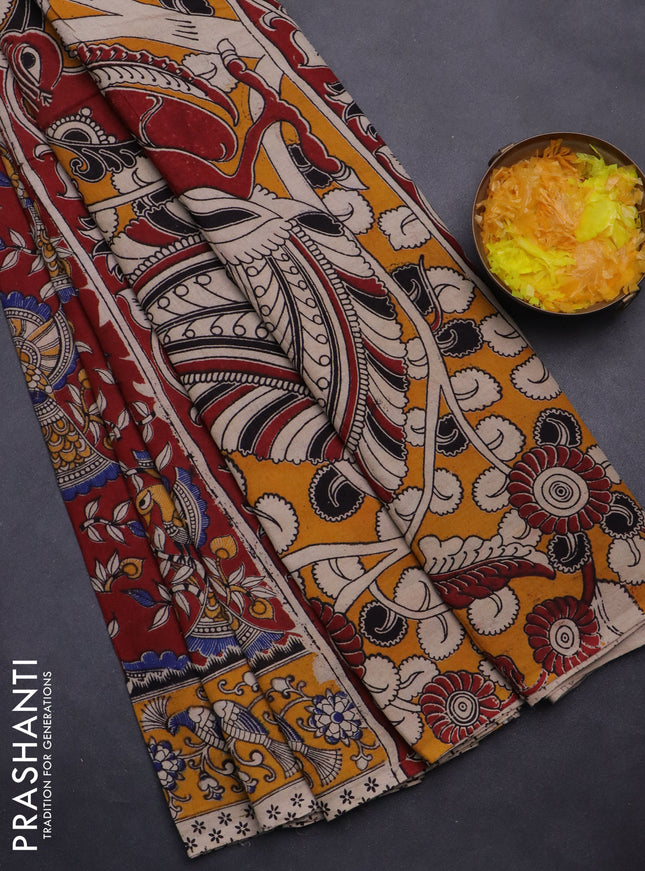 Kalamkari cotton saree maroon and yellow with allover prints and printed border