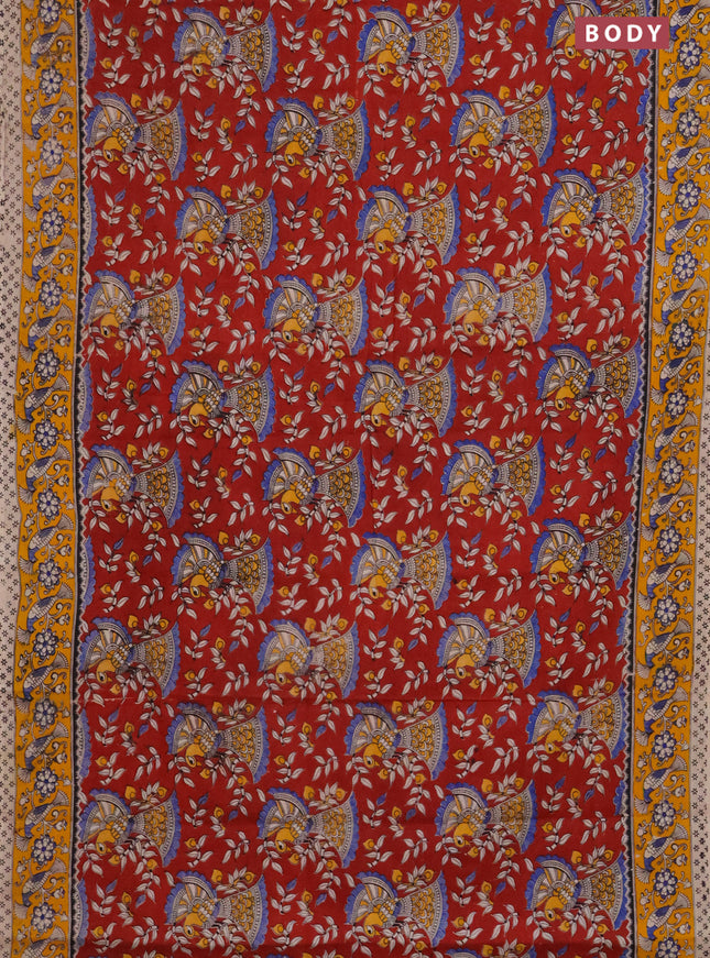 Kalamkari cotton saree maroon and yellow with allover prints and printed border