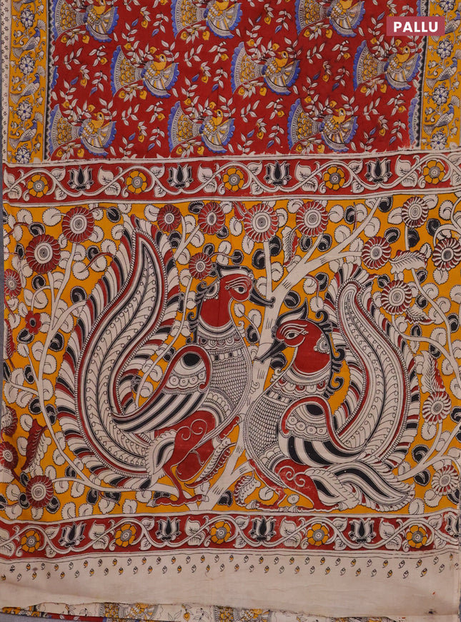 Kalamkari cotton saree maroon and yellow with allover prints and printed border