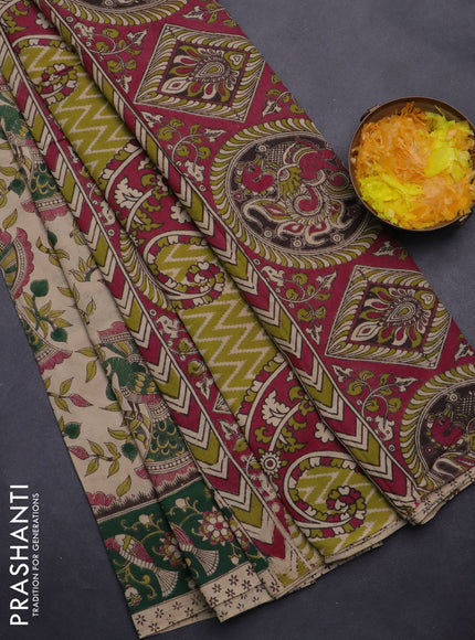 Kalamkari cotton saree beige and green with allover prints and printed border