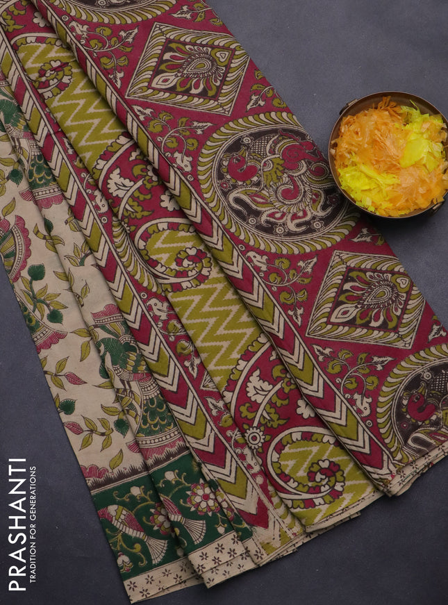 Kalamkari cotton saree beige and green with allover prints and printed border