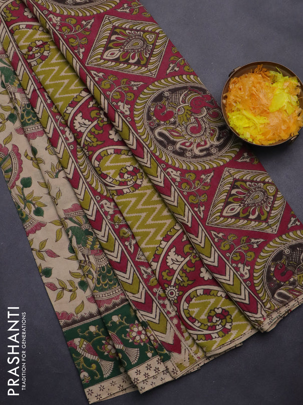 Kalamkari cotton saree beige and green with allover prints and printed border
