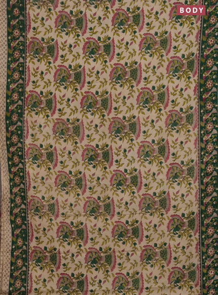 Kalamkari cotton saree beige and green with allover prints and printed border