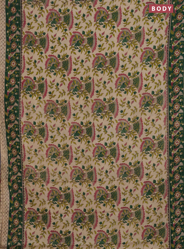 Kalamkari cotton saree beige and green with allover prints and printed border