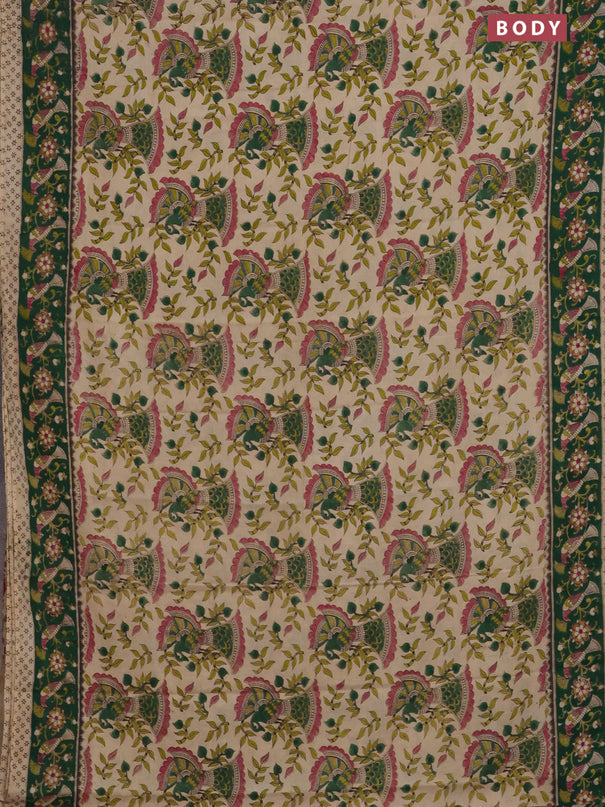 Kalamkari cotton saree beige and green with allover prints and printed border
