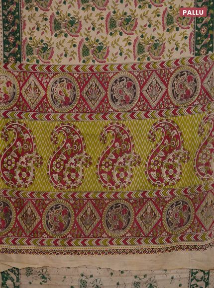 Kalamkari cotton saree beige and green with allover prints and printed border