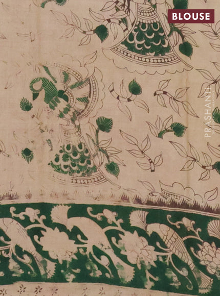 Kalamkari cotton saree beige and green with allover prints and printed border