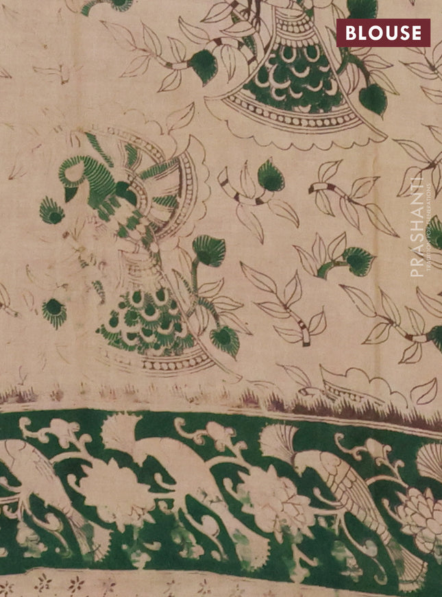 Kalamkari cotton saree beige and green with allover prints and printed border