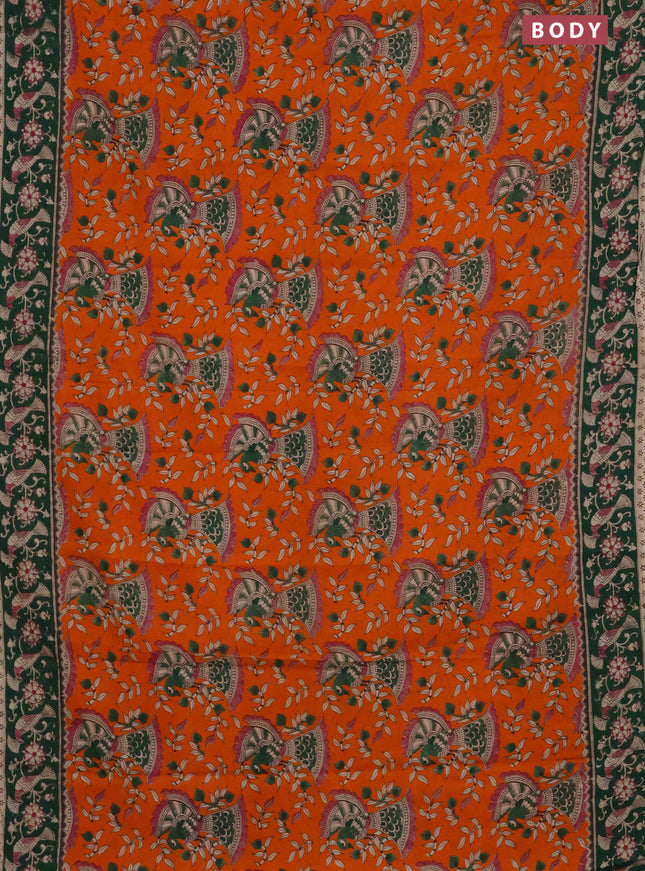 Kalamkari cotton saree orange and green with allover prints and printed border